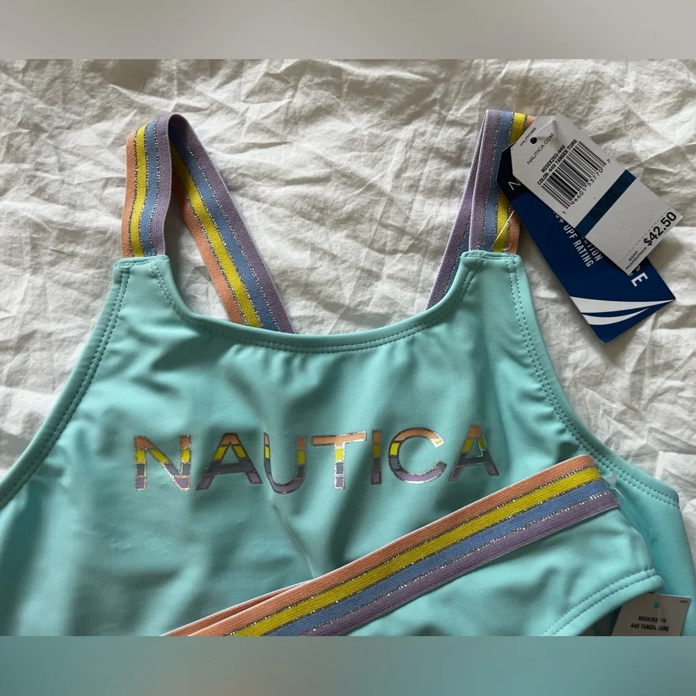 Nautica Girls' Two-piece‎ Swimsuit Set Aqua Blue with Rainbow Striped Straps XL